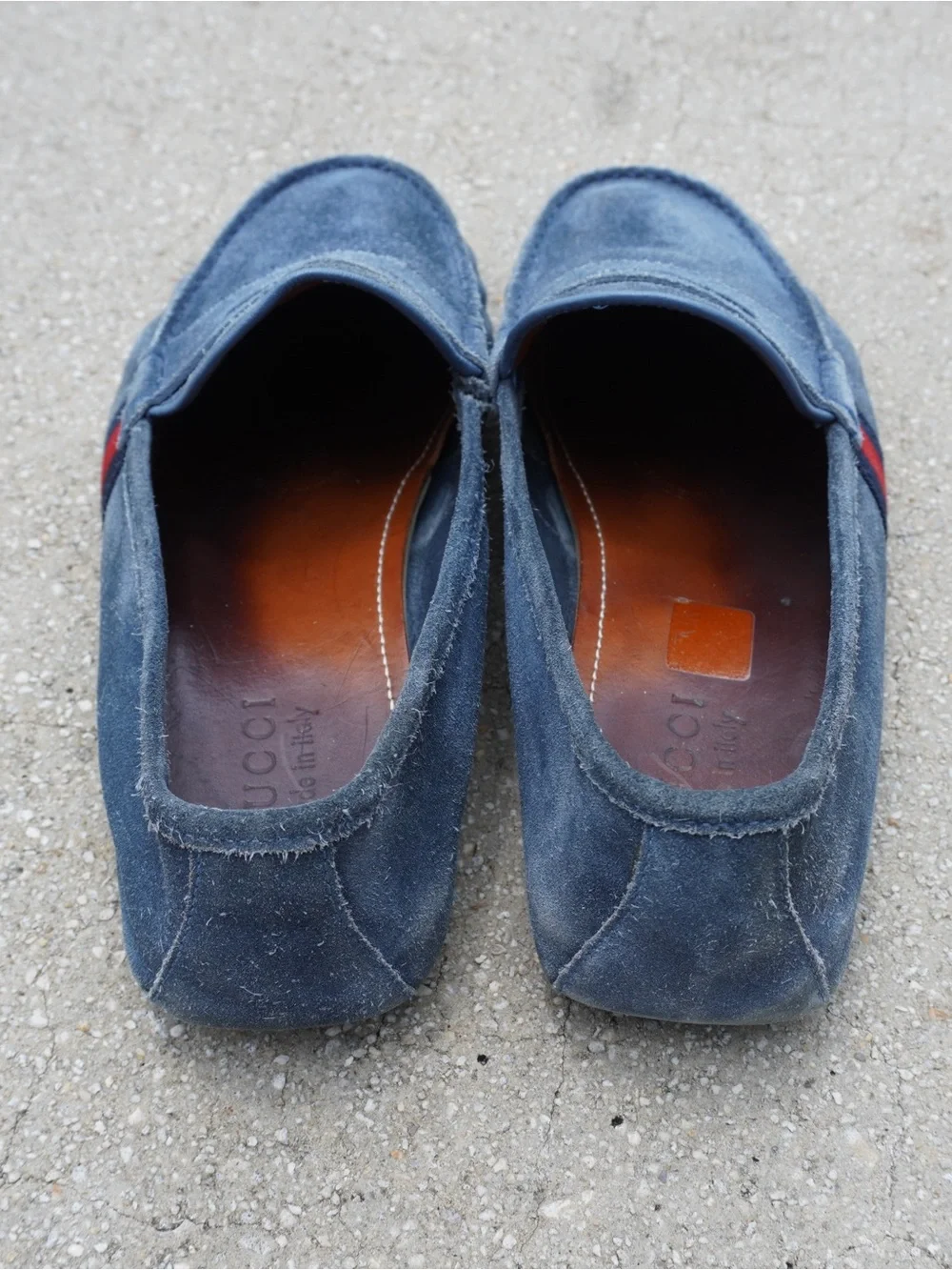 Gucci Men's Blue Suede Loafers with Red Web Stripe